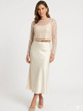 NWT JASON WU CHAMPAGNE SEQUIN ORGANZA LAYERED LONG SLEEVE CROP TOP - M